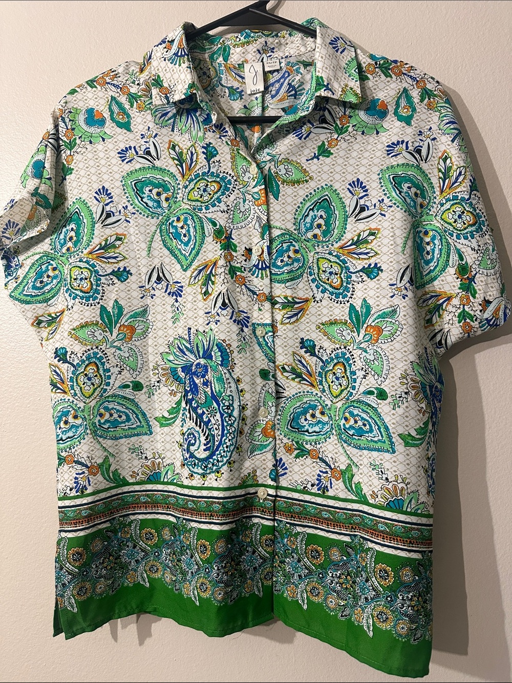 Joie Green White Paisley Print Medium Button Down Short Sleeve Blouse Sz XS